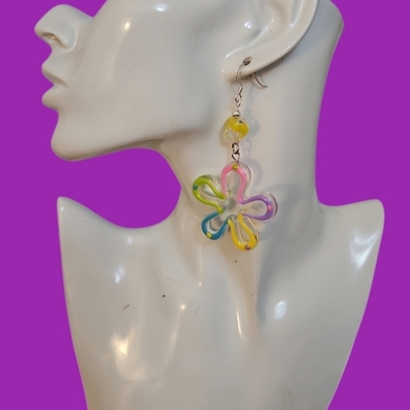 Hand Crafted Jewelry - Handmade Colorful Retro Mod Pastel Flower Festival Drop Earrings